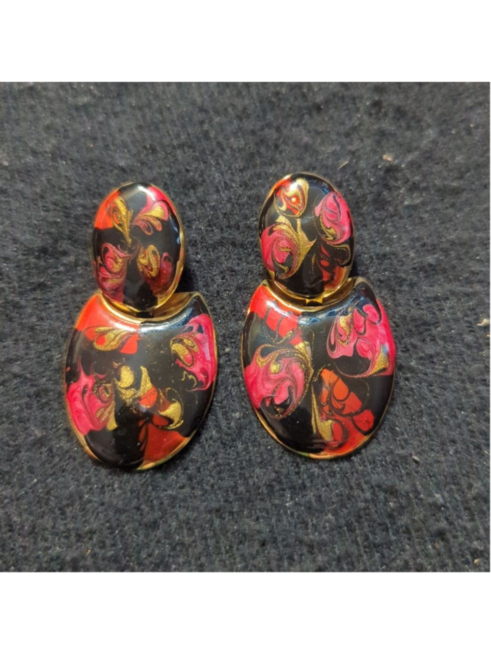 Vintage Gold Tone Black and Red Swirl Enamel Clip On Statement Earrings